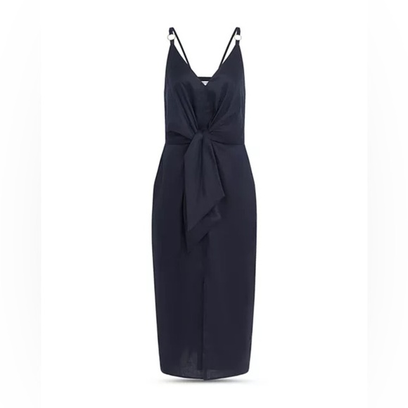 REISS Kay Tie Detail Navy Linen MIDI Dress Size 12 Quiet Luxury Preppy Wedding - Picture 1 of 16